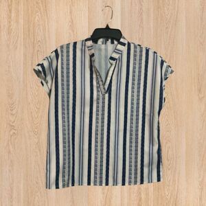 Shein Blue Stripe Short Sleeve Blouse Size L Business Casual Shirt